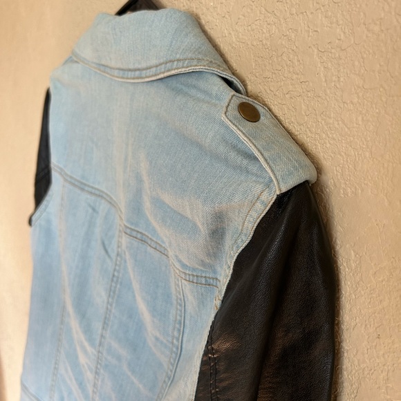 Light Blue Jean Jacket with Faux Leather Sleeves, Size Small - Picture 7 of 11